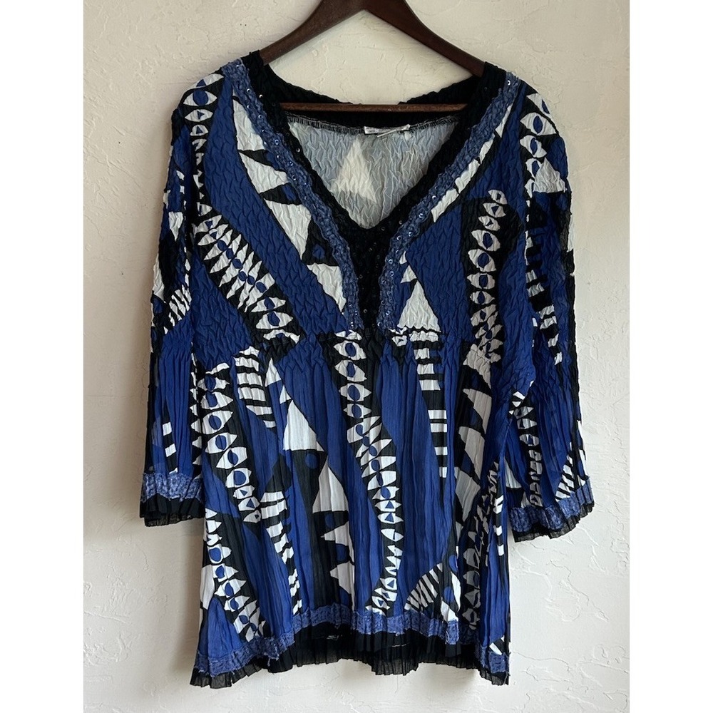 Vintage Y2K 90s Alberto Makali Tunic Top XL Boho Psychedelic Maximalist Crinkle